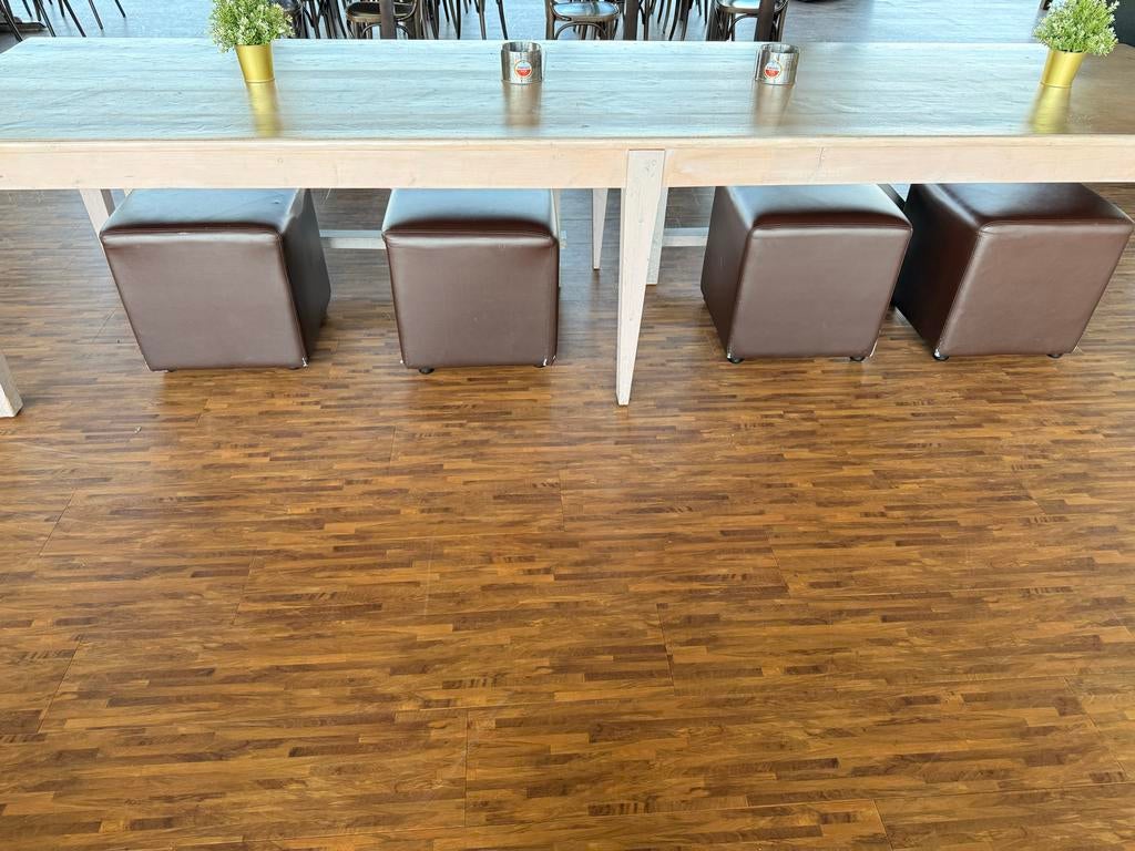 Lange tafel met 2 bankjes en poefjes - 360x96x79 cm, Huis en Inrichting, Tafels | Eettafels, Gebruikt, 200 cm of meer, Vijf personen of meer