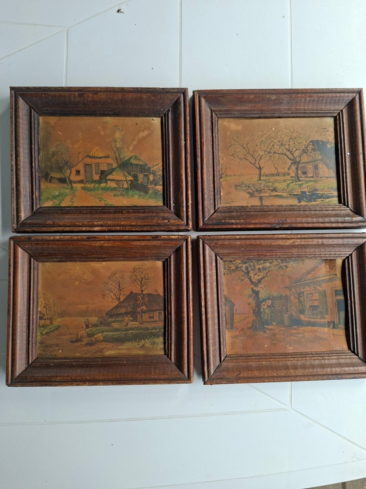 4 Oude Hollandse Landschap schilderijtjes H.S. Schallenberg, Nederlandse school, Ophalen of Verzenden, Landschap, Print