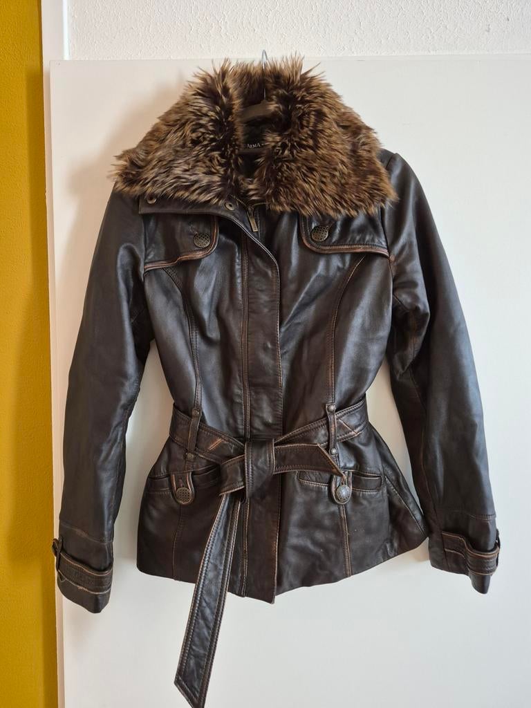 Arma leren jas met bontkraag, Maat 38/40 (M), Bruin, Ophalen of Verzenden, Alma