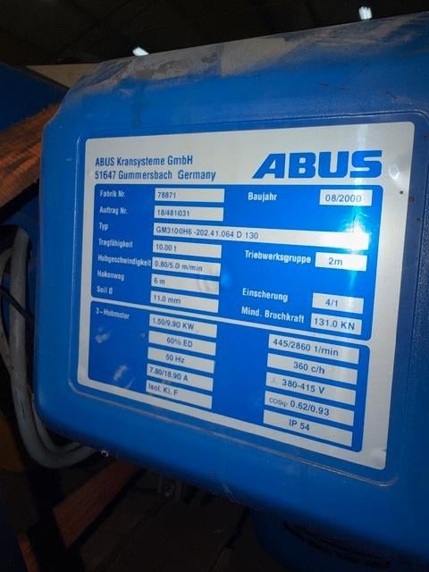 Abus bovenloopkraan 10 ton, Ophalen