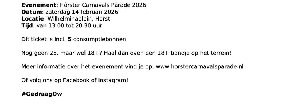 Kaartje Horster Carnavals Parade Wilhelmina Plein, Tickets en Kaartjes, Evenementen en Festivals, Eén persoon