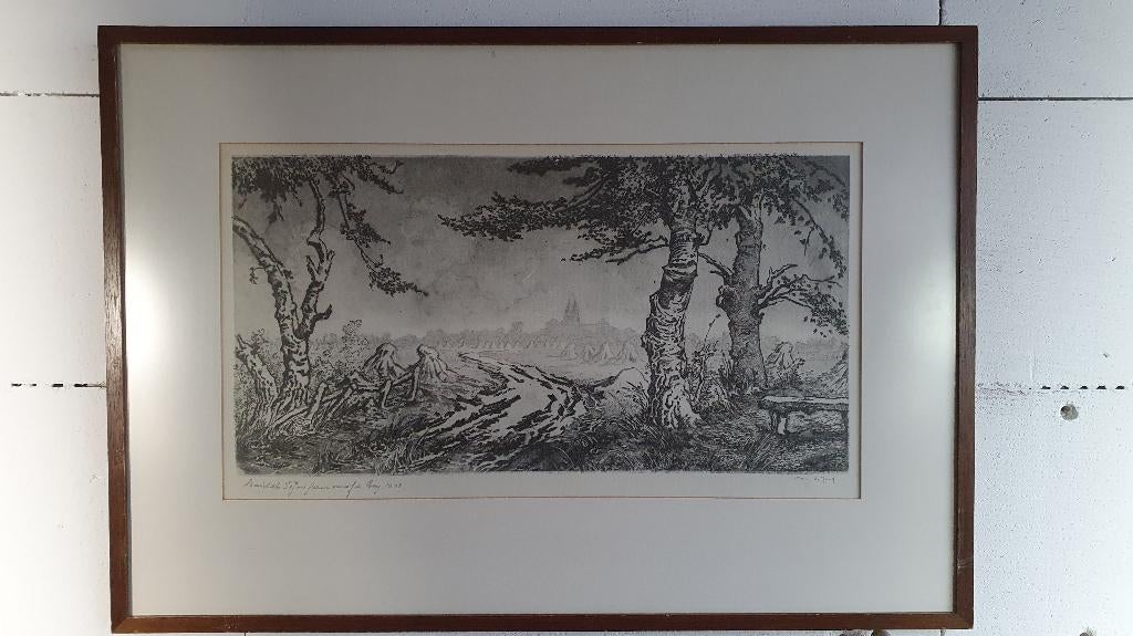 Ets Toon de Jong, Basiliek St. Jan uit 1948 in lijst. S36, Antiek en Kunst, Kunst | Etsen en Gravures, Ophalen of Verzenden