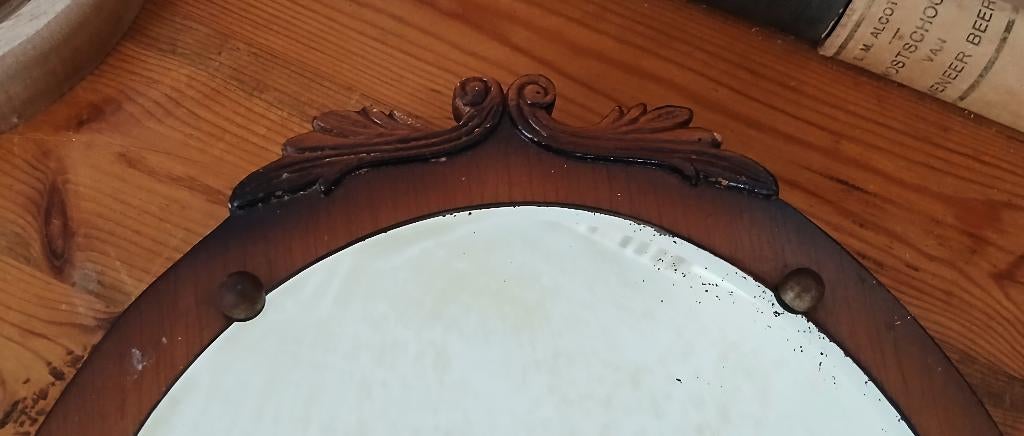 Oude ovale spiegel jaren '30 ge-etst glas bloemen, Antiek en Kunst, Curiosa en Brocante, Ophalen of Verzenden