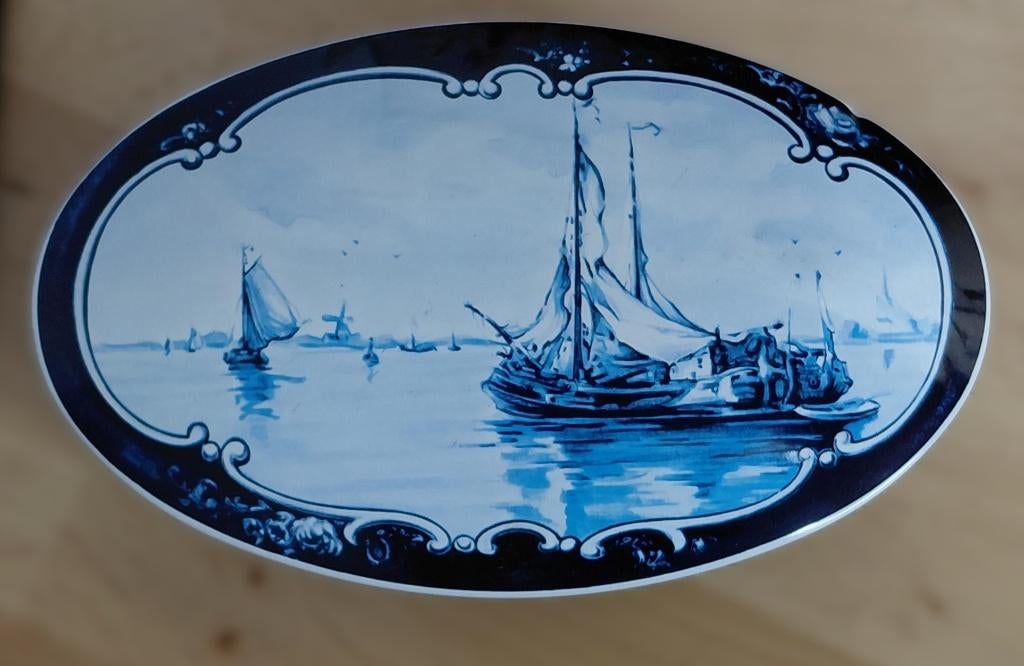 Ovaal blik 'Delfts blauw' zeilschepen, Rosenberg, Ophalen of Verzenden, Gebruikt, Overige