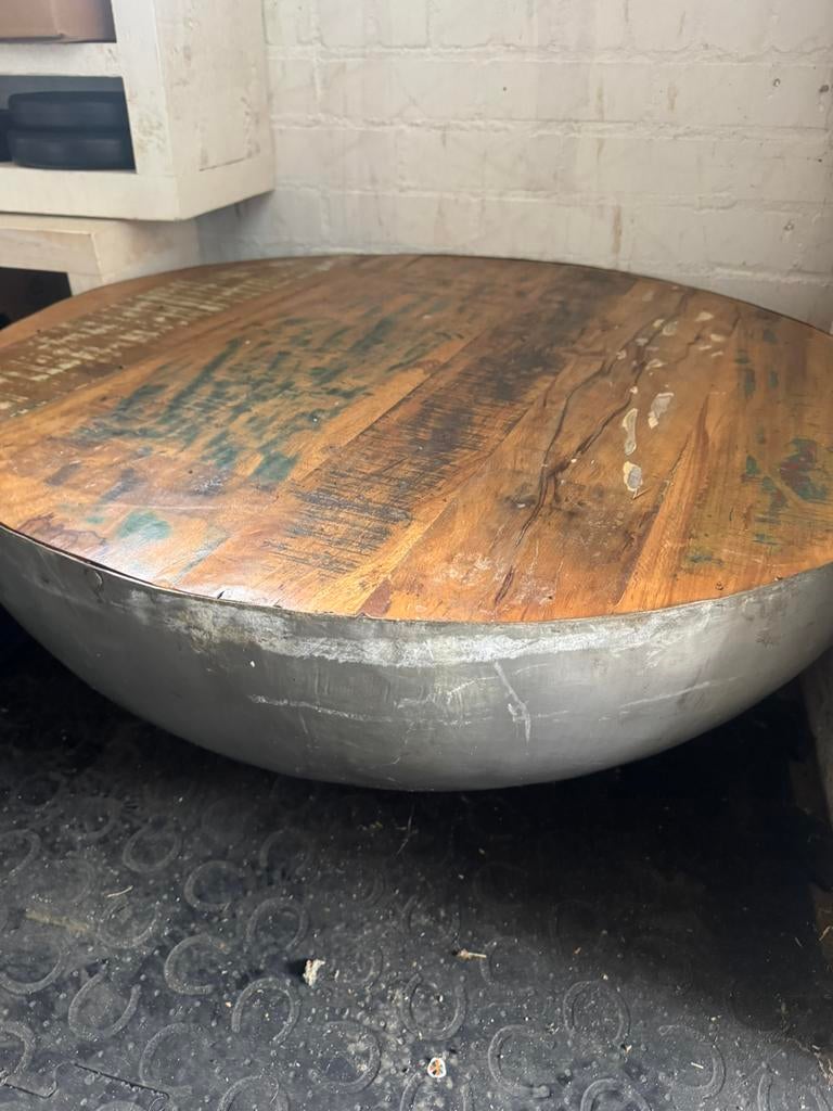 Salontafel staal en hout 90cm-100cm doorsnede, Ophalen, 50 tot 100 cm, Rond, Zo goed als nieuw
