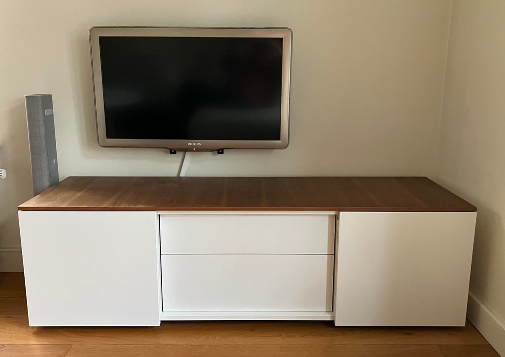 Strak design Karat (tv-) meubel mat lak wit met noten fineer, Ophalen, Overige materialen, 100 tot 150 cm, Design en modern