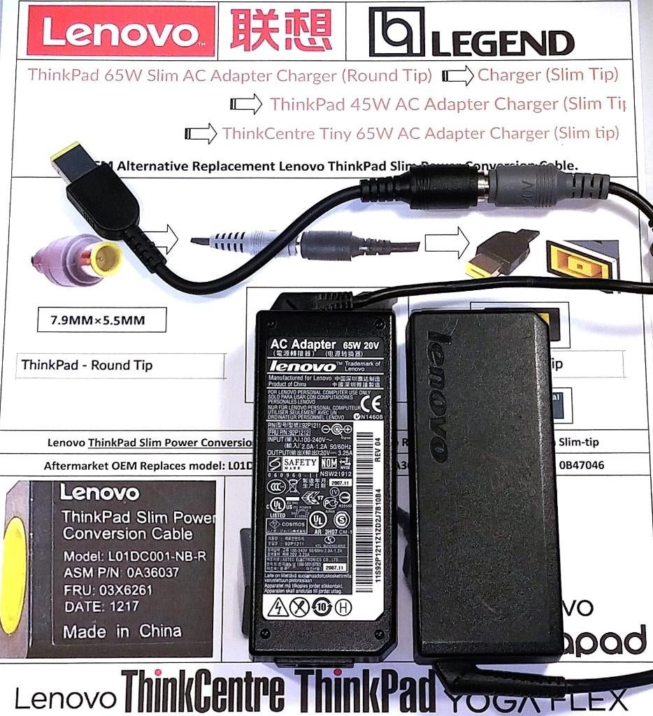 Lenovo 20V 3.25A 65W + Square-Pin Adapter Oplader 2.25A 45W, Computers en Software, Laptop-opladers, Zo goed als nieuw, Ophalen of Verzenden