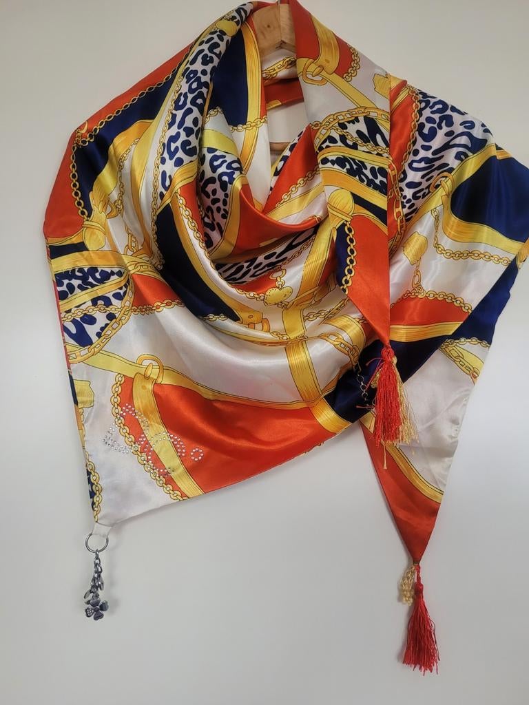 Elegante Sjaal oranje mix  met Kettingprint en Kwastjes, Kleding | Dames, Mutsen, Sjaals en Handschoenen, Maat 38/40 (M), Ophalen of Verzenden