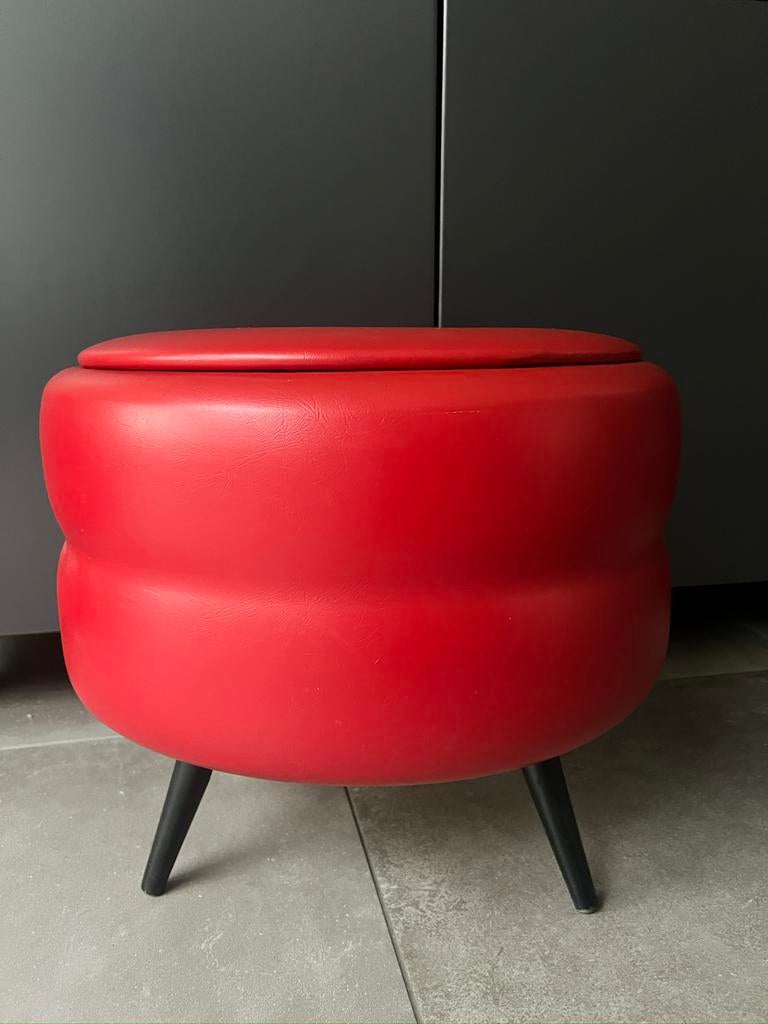 VINTAGE RETRO JAREN 70 NAAIDOOS NAAI POEF MET DEKSEL ROOD, Overige materialen, Minder dan 50 cm, Rond, Minder dan 50 cm