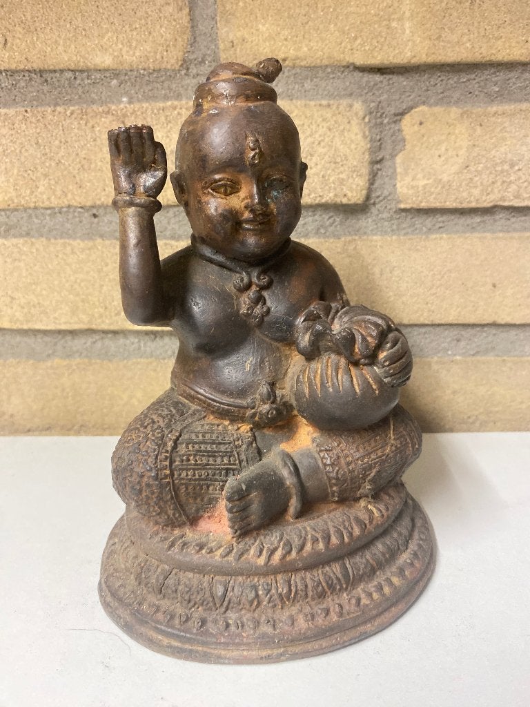 Bronzen Bala Krishna met boterpot – 18 cm, Verzamelen, Religie, Ophalen of Verzenden, Gebruikt, Beeld(je), Hindoeïsme