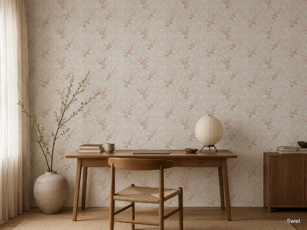 13936 Japans behang met bloesemtakken en een jute look swiet, Ophalen of Verzenden, Beige