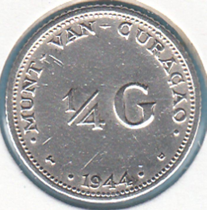 Curaçao 1/4 gulden 1944D Wilhelmina zilver in munthouder, Zilver, 25 cent, Ophalen of Verzenden, Koningin Wilhelmina