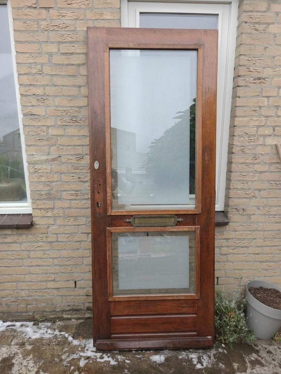 Hardhouten buitendeur met glas en brievenbus, Ophalen, Gebruikt, 80 tot 100 cm, Buitendeur