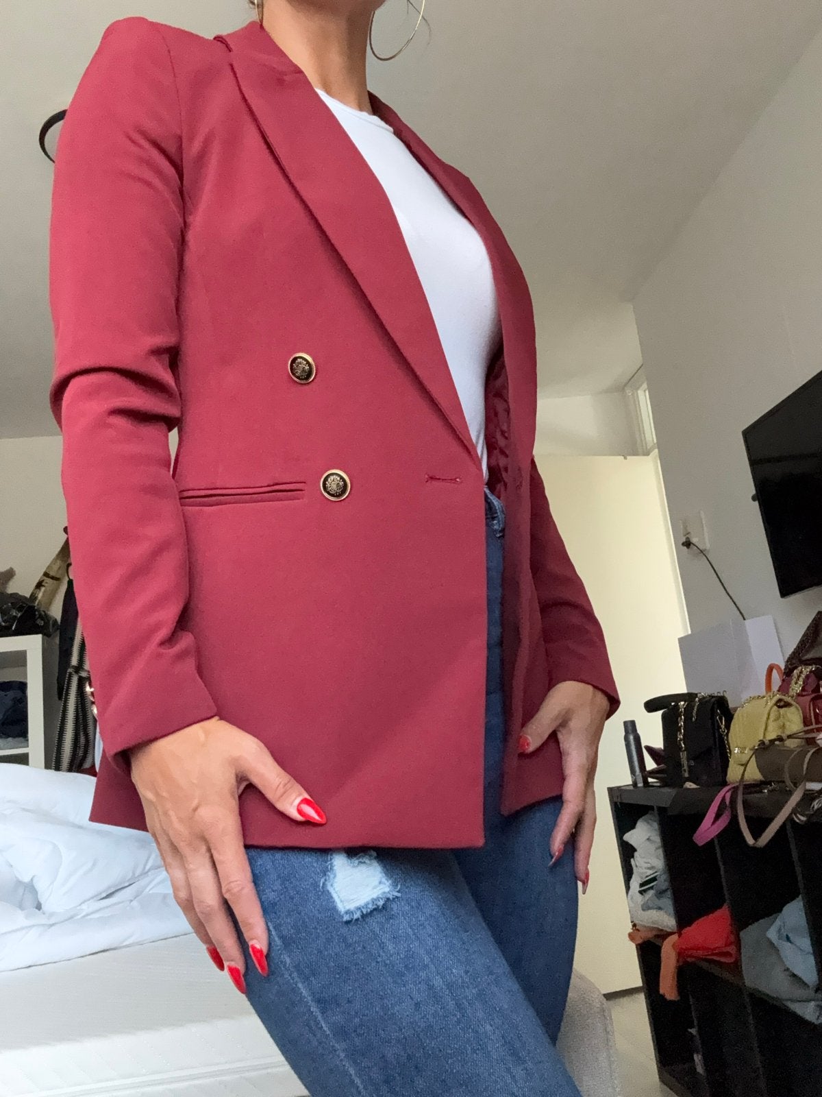 Wijn rood bordeauxrode blazer met gouden knopen, Kleding | Dames, Ophalen of Verzenden, Zo goed als nieuw, Jasje, Maat 34 (XS) of kleiner