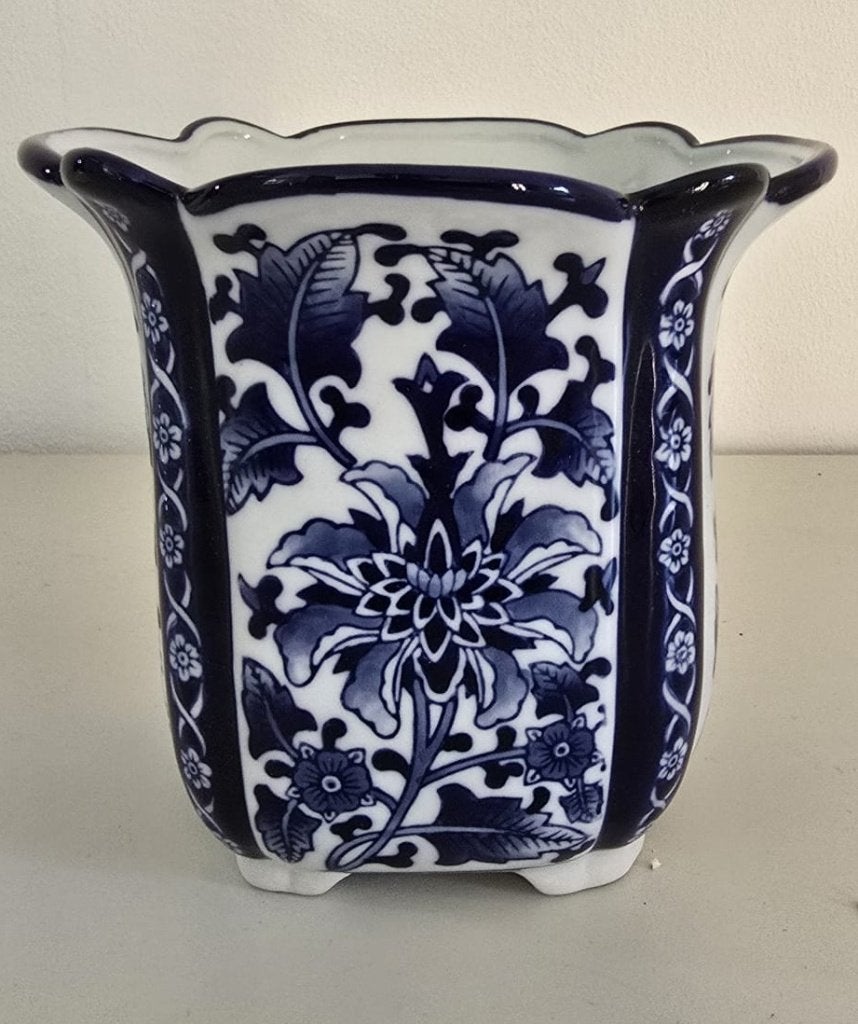 Antieke blauw met witte plantenpot, Tuin en Terras, Gebruikt, Rond, Binnen, Ophalen of Verzenden