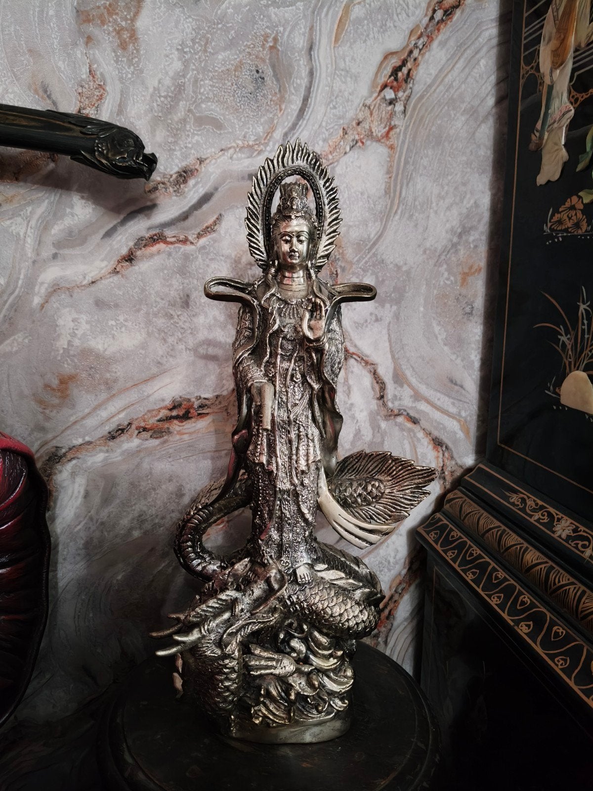 Antiek Guanyin bronzen Boeddhabeeld op draak, Ophalen, Brons