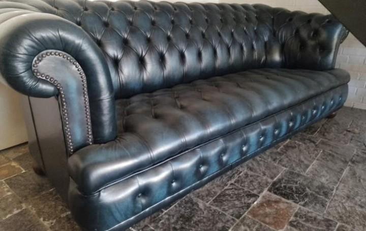 3 persoons bank Chesterfield Winchester Antique Blue, Ophalen, Gebruikt, 75 tot 100 cm, Leer