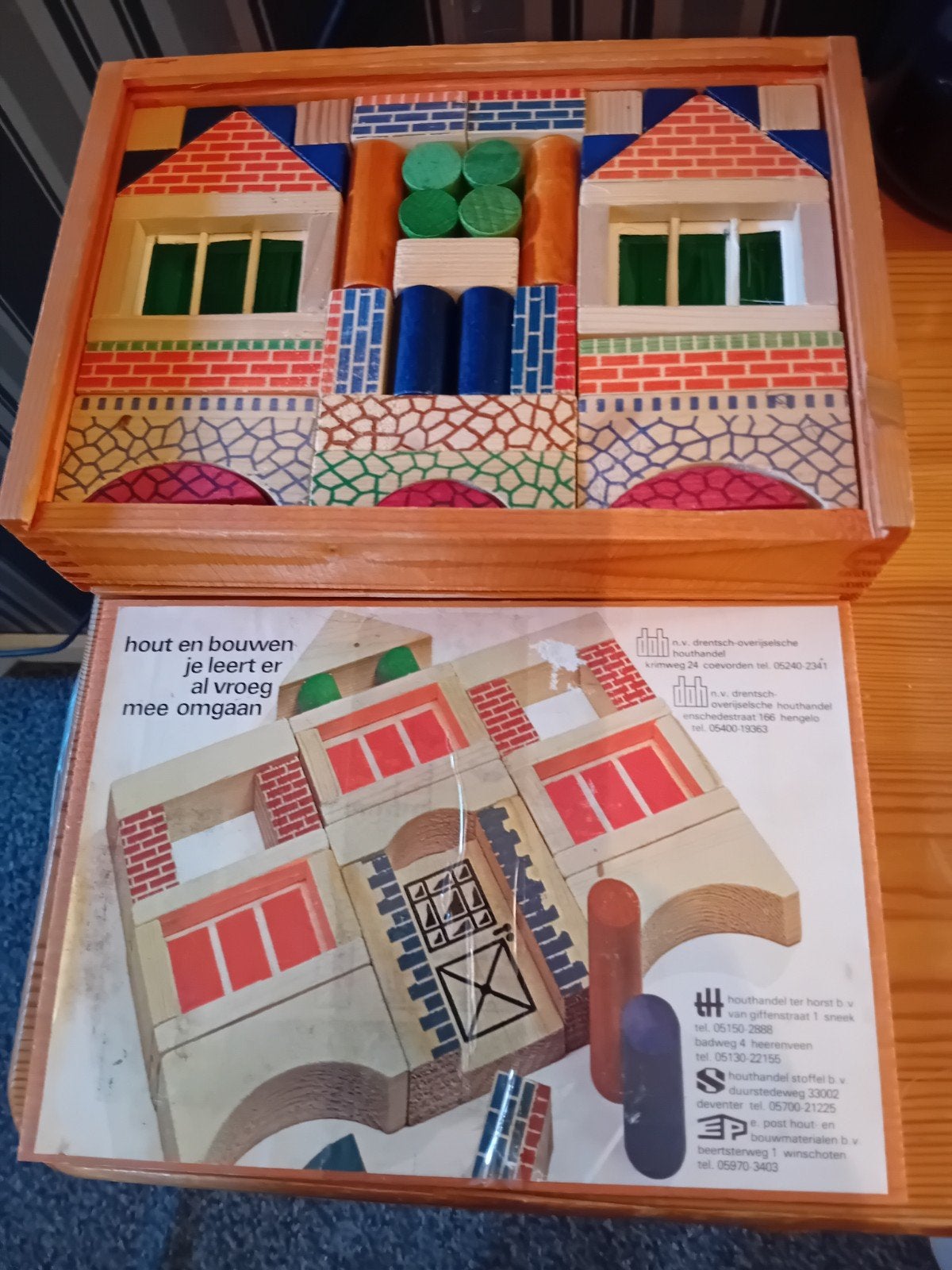 Vintage houten blokkendoos - Bouw je eigen huis, Ophalen of Verzenden, Gebruikt, Overige merken
