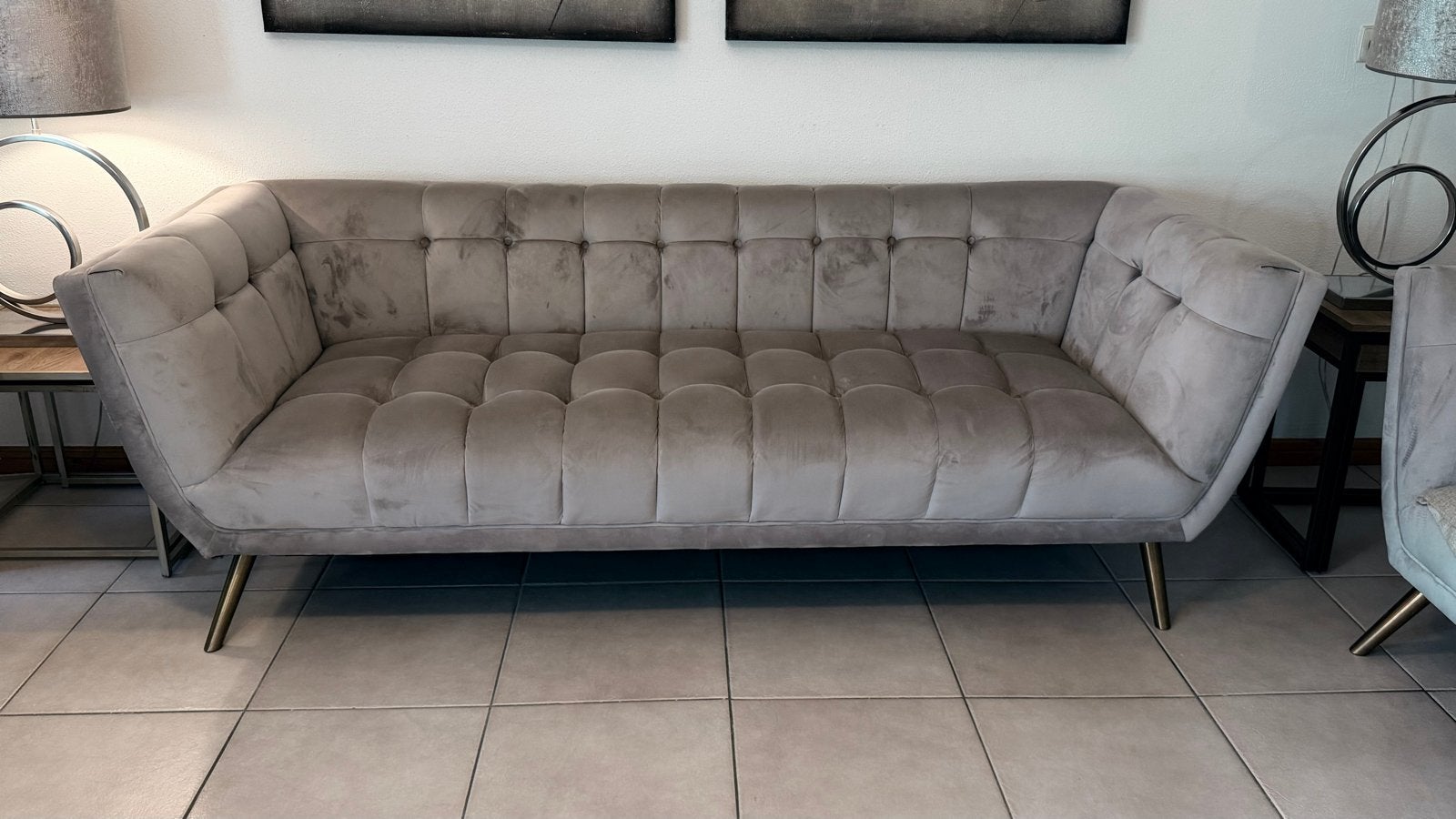 Luxe 2x 3-zits bank en 2 fauteuils in taupe velours, Ophalen, Driepersoons, 75 tot 100 cm, Zo goed als nieuw