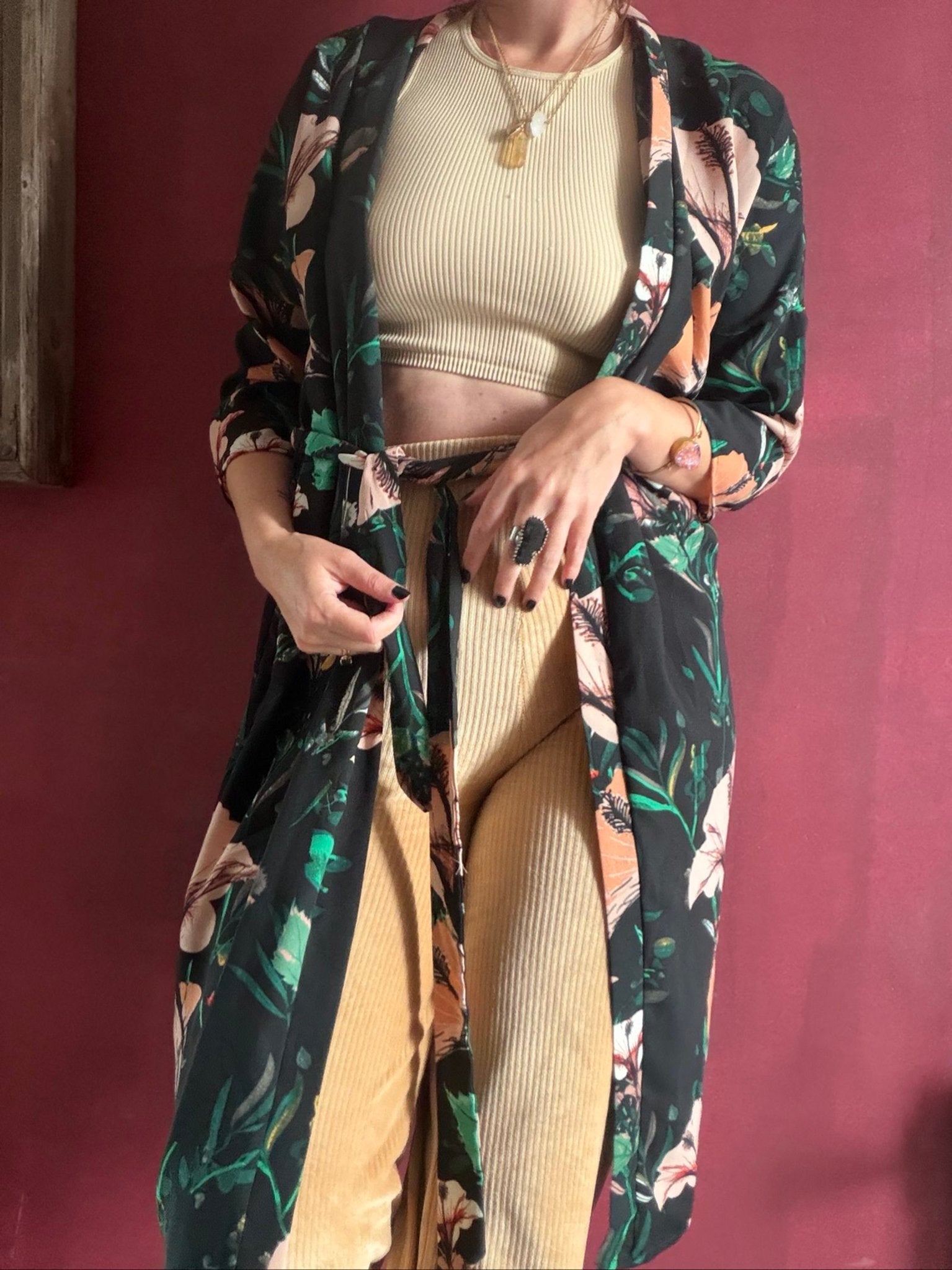Boho Zwart & Groen Bloemen Kimono Robe Maat 40, Kleding | Dames, ONLY, Ophalen of Verzenden, Zo goed als nieuw