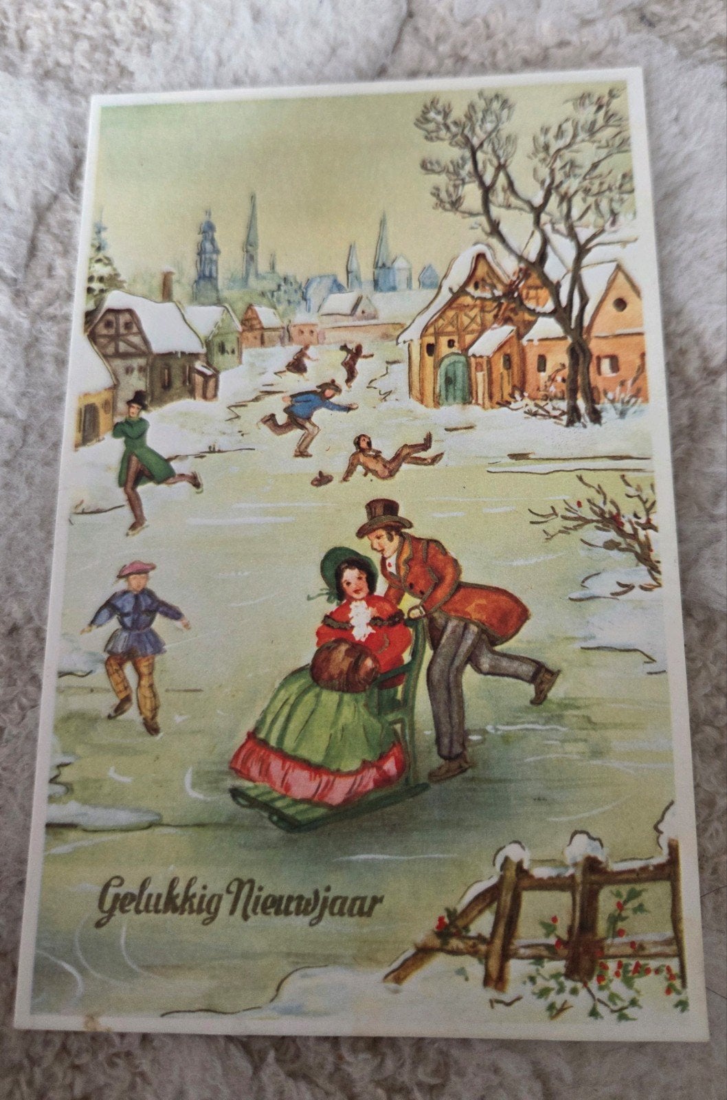 Vintage Nieuwjaarskaart Schaatsen 1967, Verzamelen, Verzenden, 1960 tot 1980, Gelopen, Feest(dag)