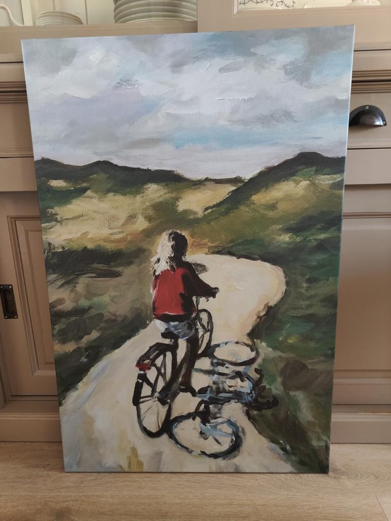 Schilderij meisje op fiets in de duinen aan zee Wadden, Ophalen