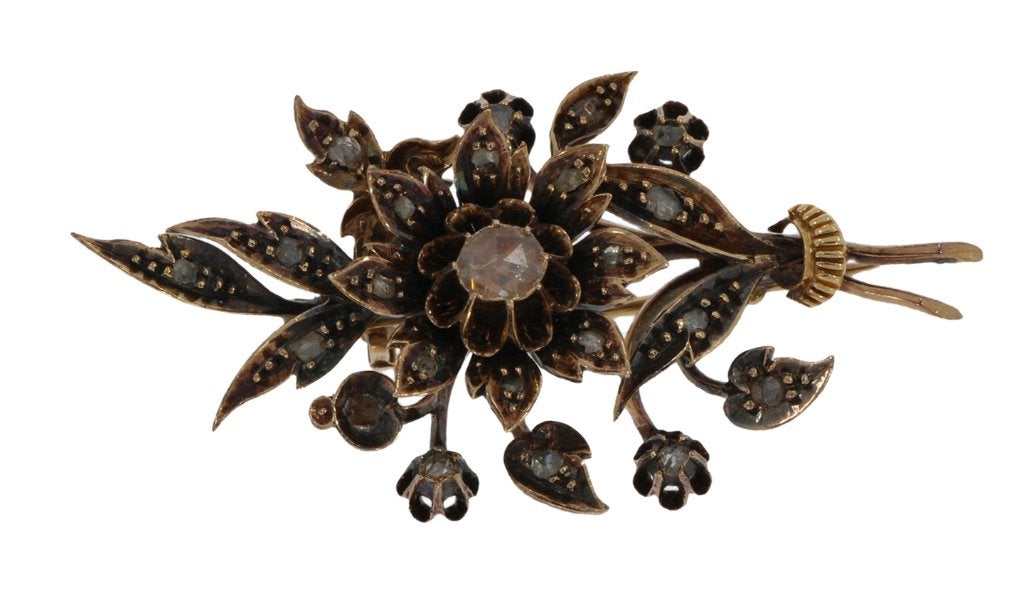 Diamanten bloem antieke 14k gouden broche tak briljant dame, Ophalen of Verzenden, Goud, Broche, Met edelsteen