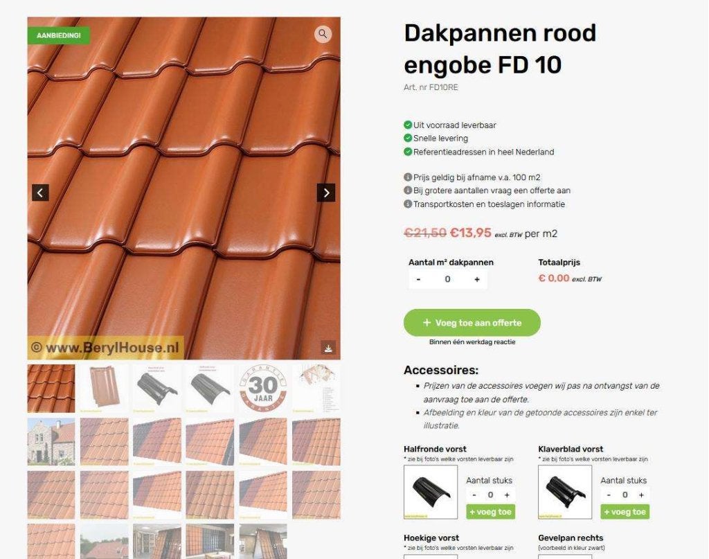 € 13,95 per m2  Gebakken dakpannen: FD 10 rood engobe, Niet ingevuld, Róben, Steen of Klei, Verzenden