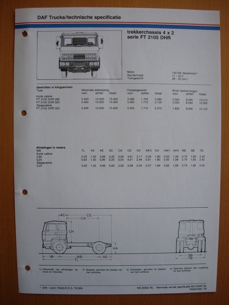 DAF FT 2100 DHR Technische Specificatie folder 1978 – 4x2, Ophalen of Verzenden, Zo goed als nieuw, Overige merken, DAF