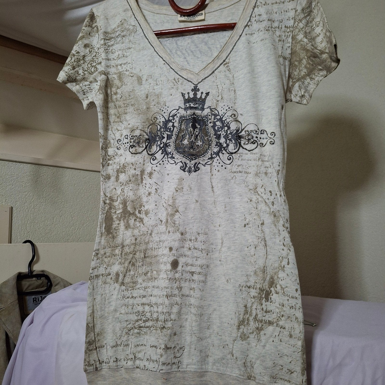 MM Unplugged katoenen shirt met unieke print en steentjes, Maat 38/40 (M), Meerkleurig, Ophalen of Verzenden, Zo goed als nieuw