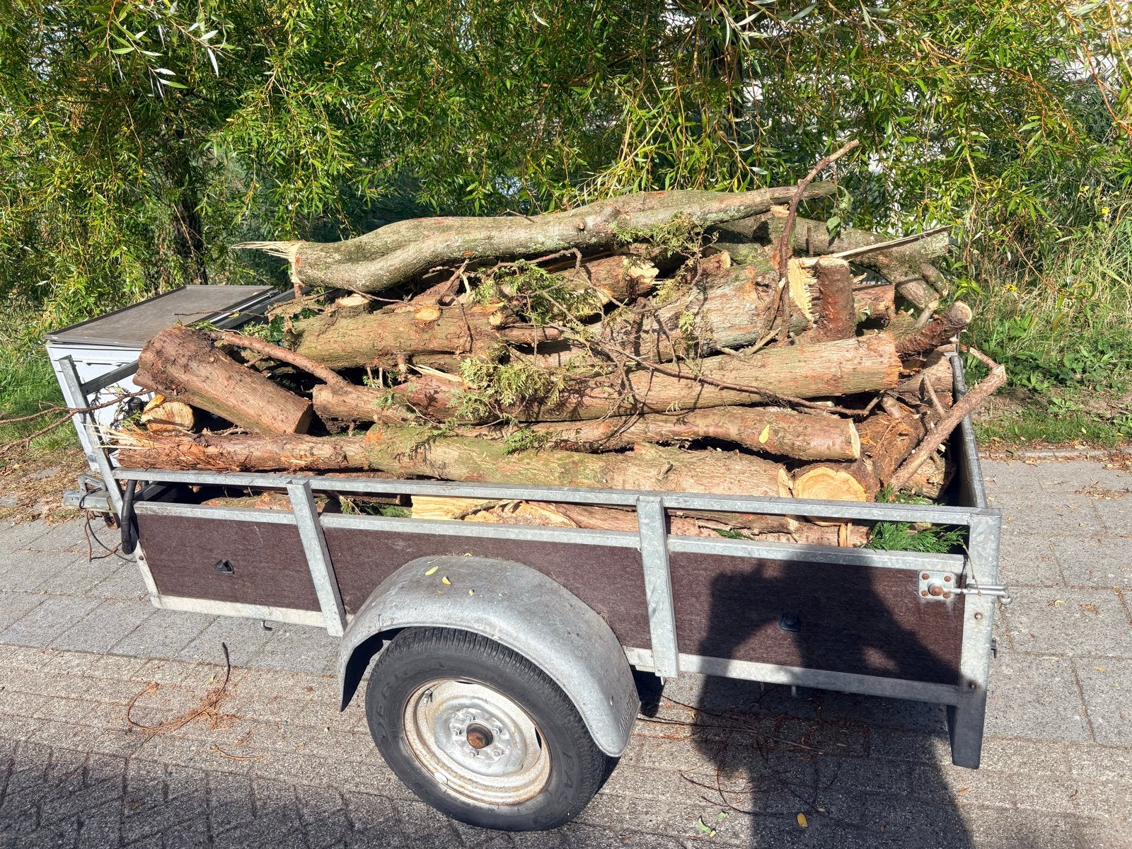 Brandhout: Gemengd hout in aanhanger, Tuin en Terras, 3 tot 6 m³, Ophalen of Verzenden, Overige houtsoorten, Stammen