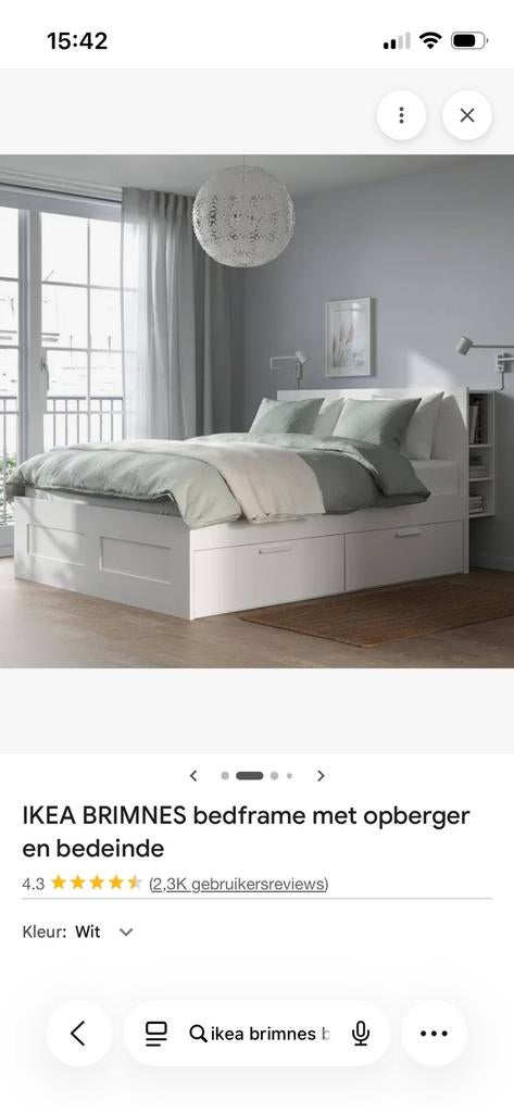 Ikea brimnes bed met hoofdbord, Ophalen, Wit, Tweepersoons, 180 cm