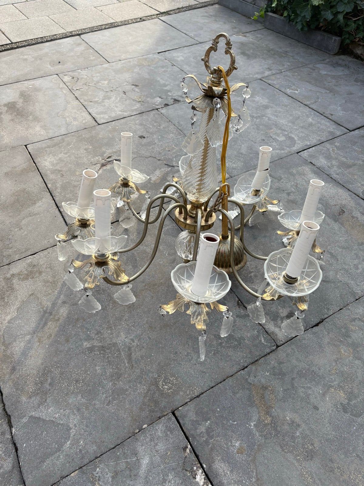 Vintage Kroonluchter met Kristallen en 6 Lichtpunten, Ophalen, Gebruikt, Glas, E14 (klein)