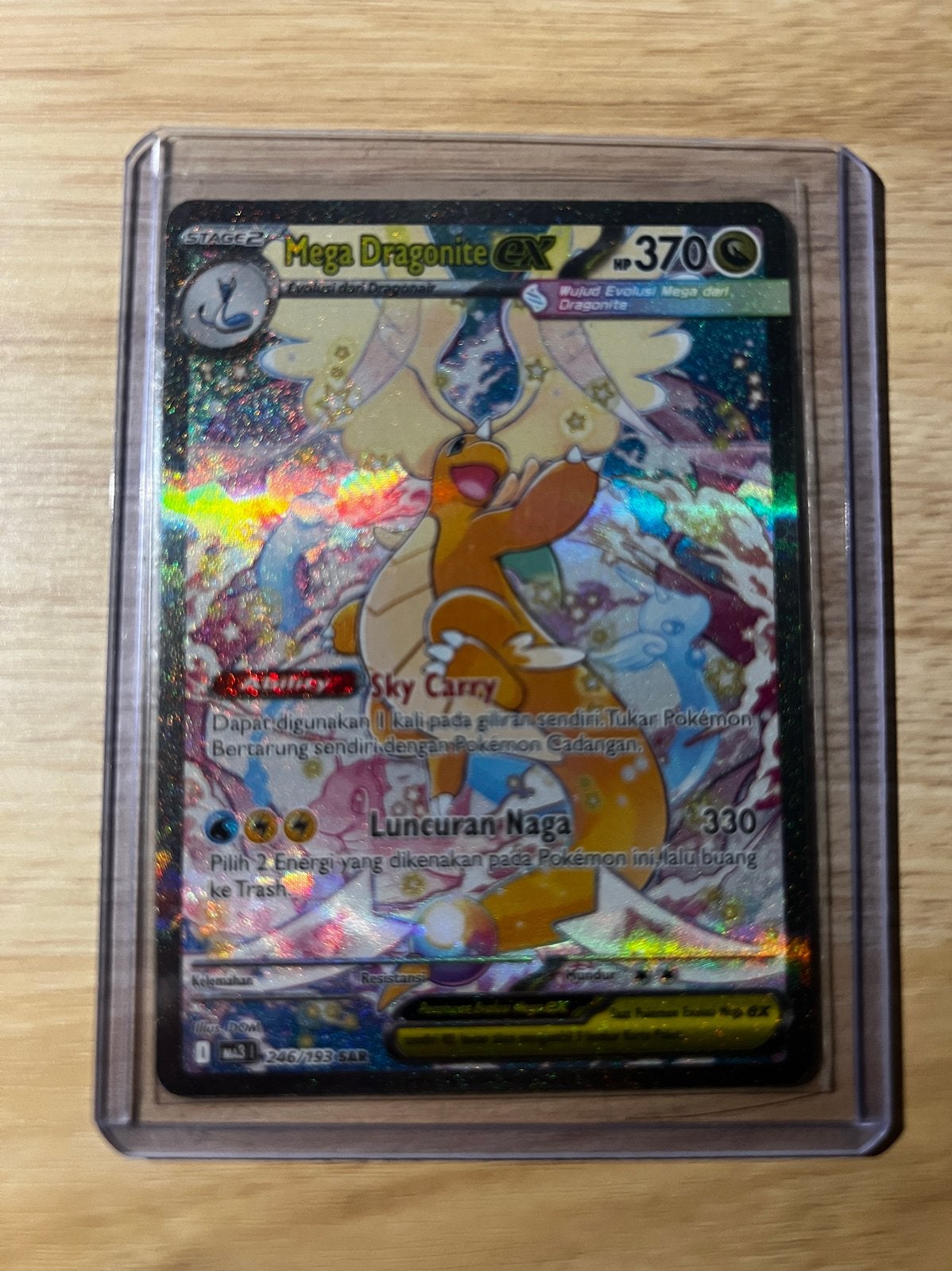Mega Dragonite EX Pokémon Kaart Indonesisch Full Art Foil, Ophalen of Verzenden, Zo goed als nieuw, Losse kaart, Foil