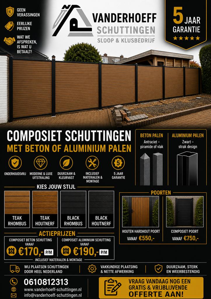 Hout-composiet-beton-aluminium schutting vanaf €110,- pm, Ophalen, Nieuw, Hout, 1 tot 2 meter