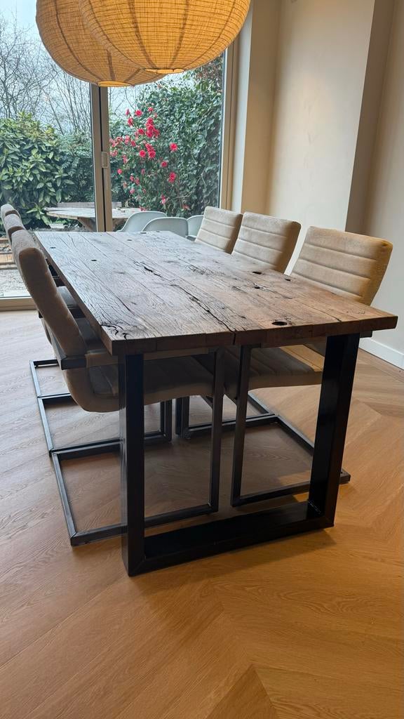 Unieke maatwerk eettafel van robuuste wagonplanken, Huis en Inrichting, Tafels | Eettafels, Ophalen, Gebruikt, 200 cm of meer