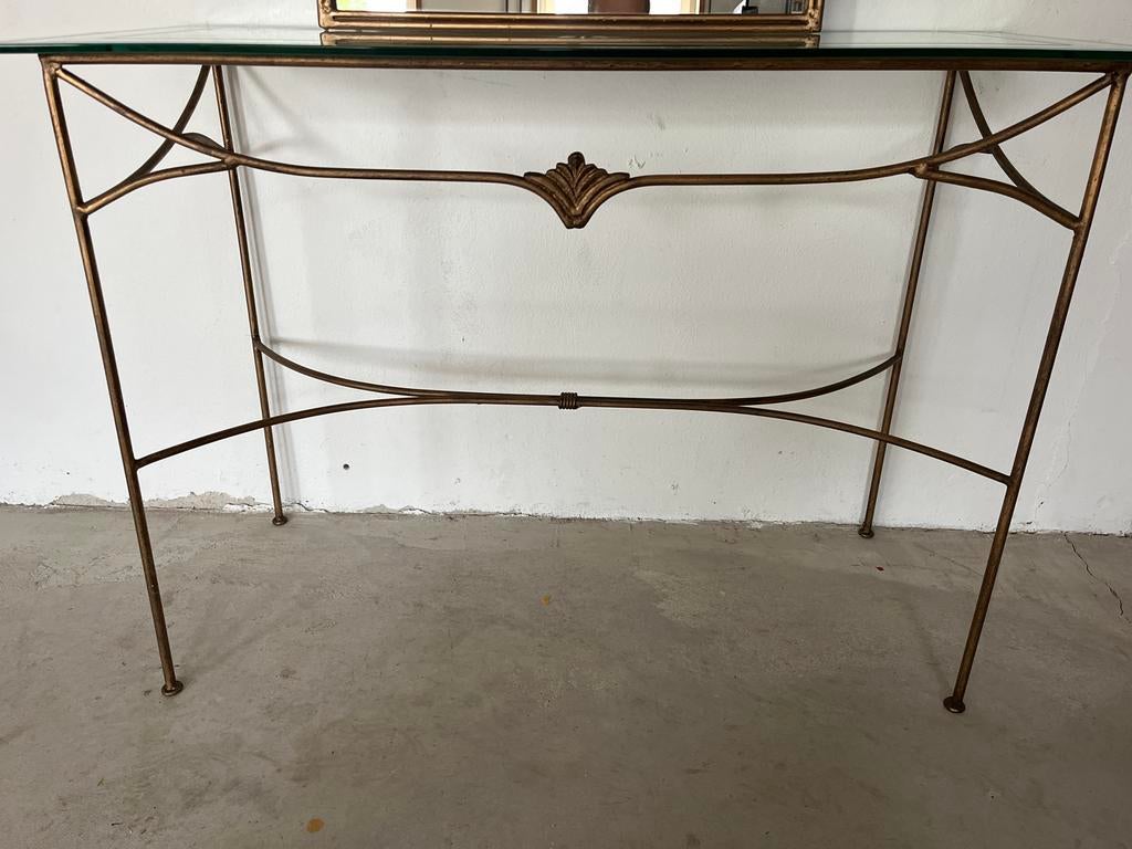 Gouden console tafel met spiegel, Ophalen, Zo goed als nieuw, 25 tot 50 cm, Rechthoekig