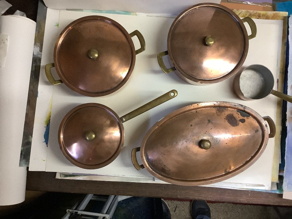 Koperen pannen set, Huis en Inrichting, Keuken | Potten en Pannen, Ophalen, Gebruikt, Overige materialen, Pannenset
