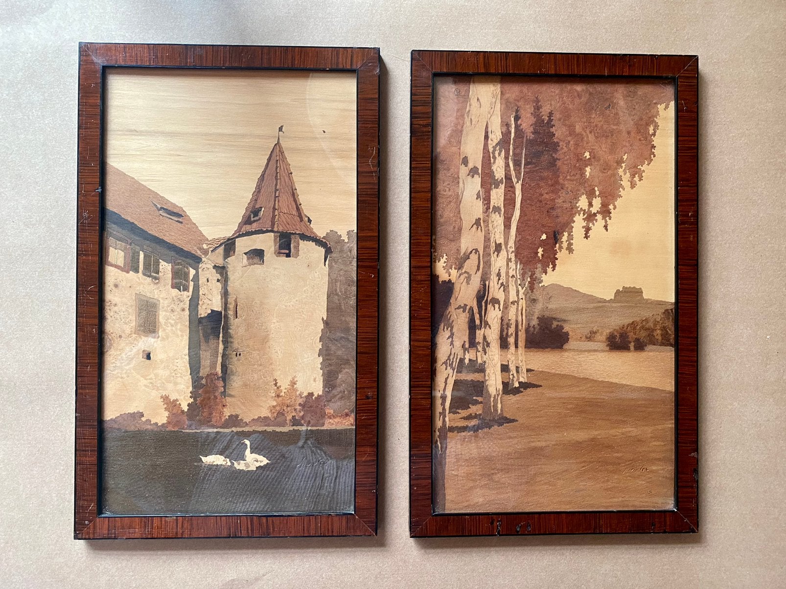 Set antieke panelen Paul Spindler houtmarqueterie Elzas, Antiek en Kunst, Kunst | Schilderijen | Klassiek, Ophalen of Verzenden