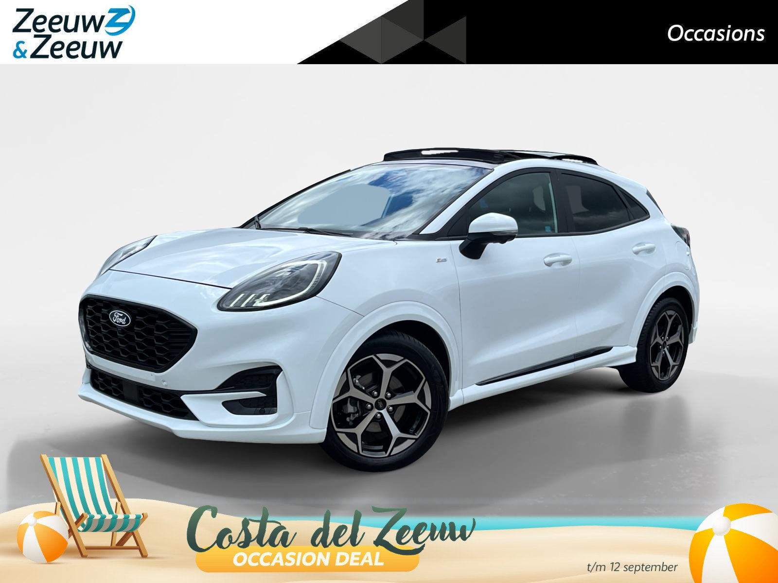 Ford Puma ST-line |elektrisch glazen panorama-dak| Elek acht, 12 maanden, 125 pk, Leder en Stof, Wit