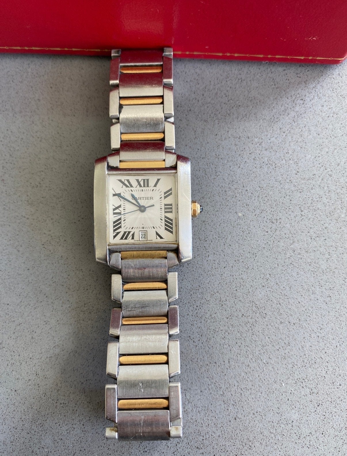 Cartier Tank Medium Goud/Staal met toebehoren, Overige merken, Staal, Gebruikt, Polshorloge