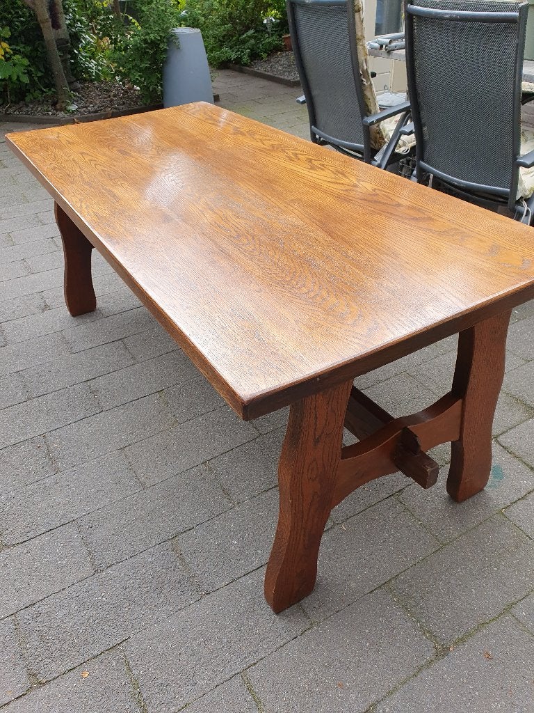 Massief eiken eettafel met 4 stoelen, Ophalen, Gebruikt, Eikenhout, 50 tot 100 cm