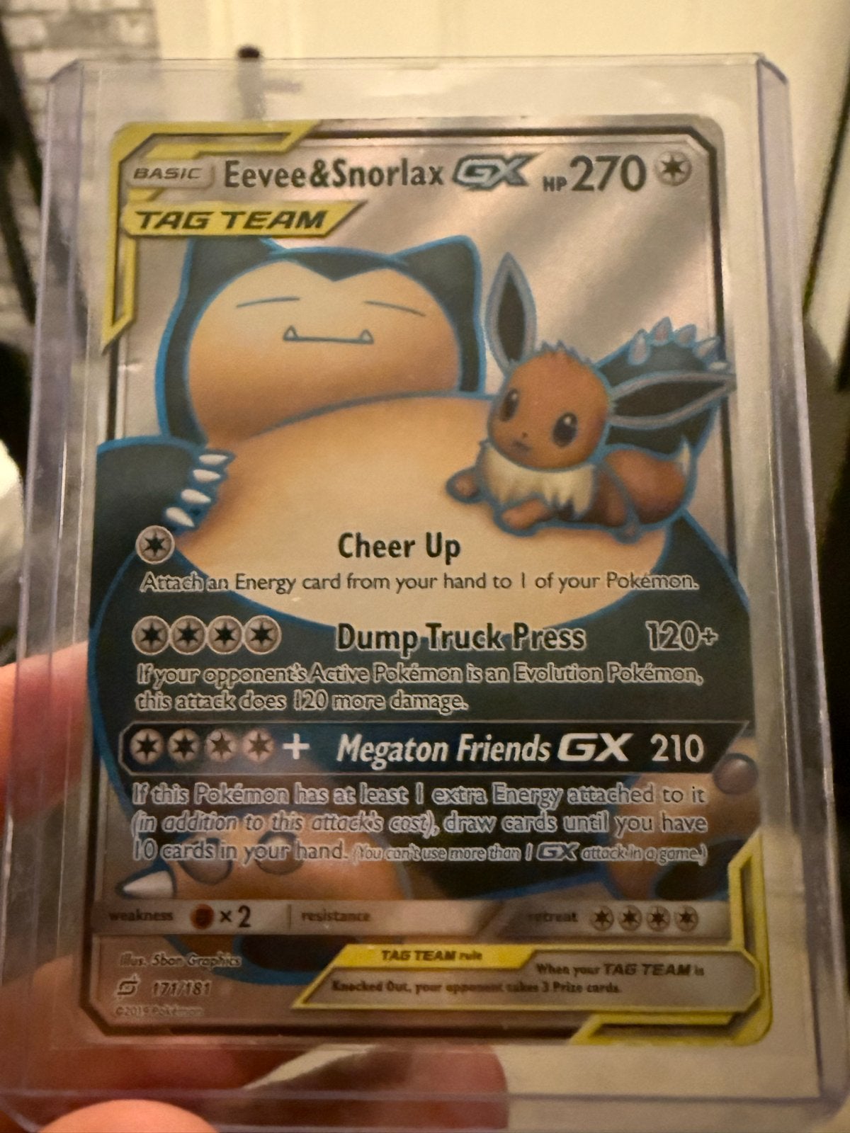 Eevee & Snorlax GX Tag Team Pokémon Kaart 171/181, Ophalen of Verzenden, Gebruikt, Losse kaart, Foil