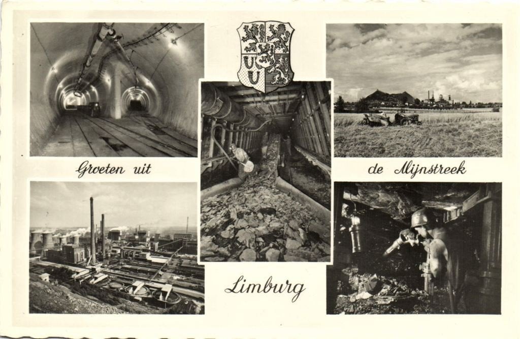 Groeten uit de Mijnstreek, Limburg - 5 afb - 1958 gelopen, Ophalen of Verzenden, 1940 tot 1960, Gelopen, Limburg