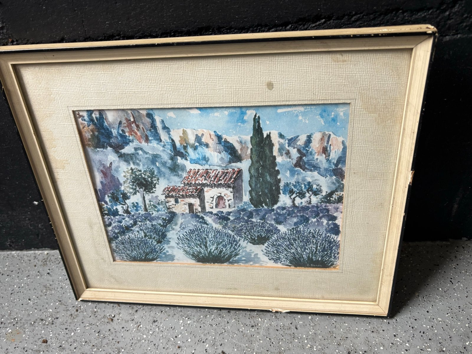 Schilderij J. Suain - Landschap met huis en lavendel, Realistisch, Ophalen of Verzenden, Gesigneerd, Landschap
