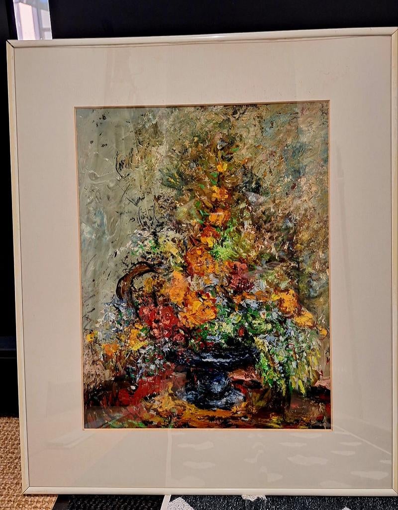 Levendig bloemstilleven - Impasto olieverfschilderij, Antiek en Kunst, Ophalen of Verzenden