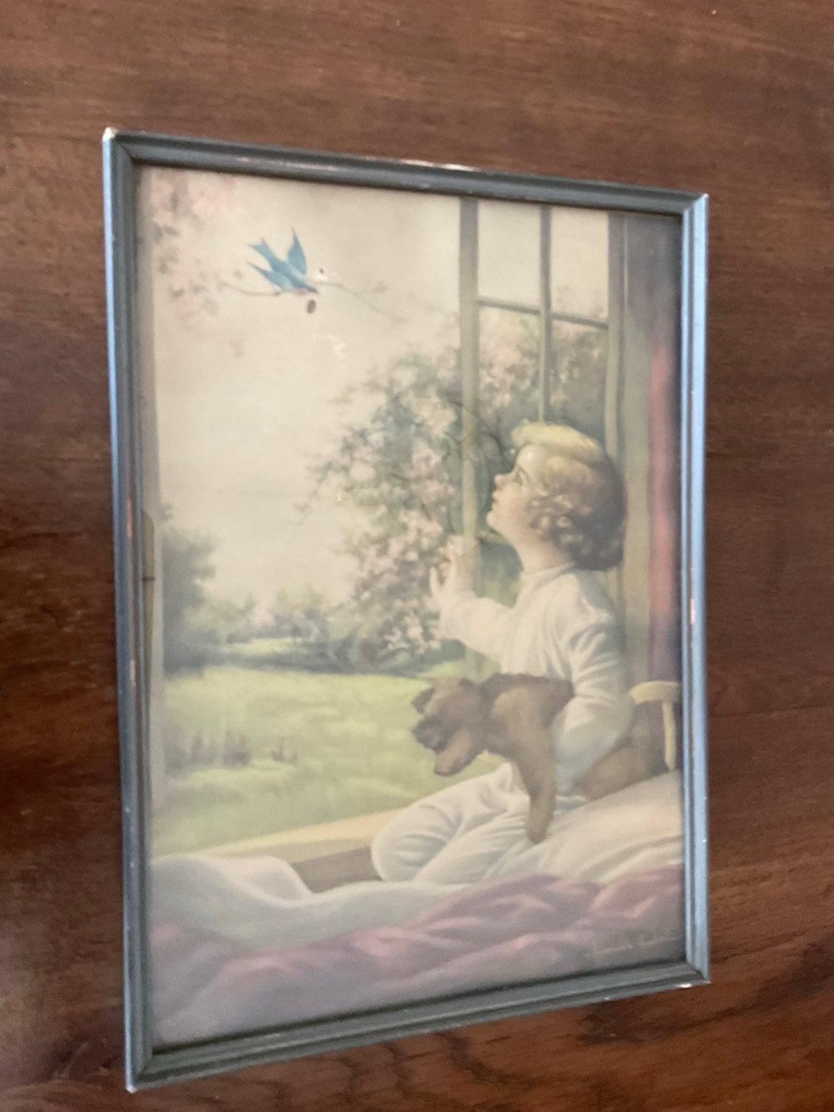 Vintage print Adelaide Hiebel  The Bluebird’s Morning Song, Gebruikt, Ophalen of Verzenden, Voor 1940, Prent