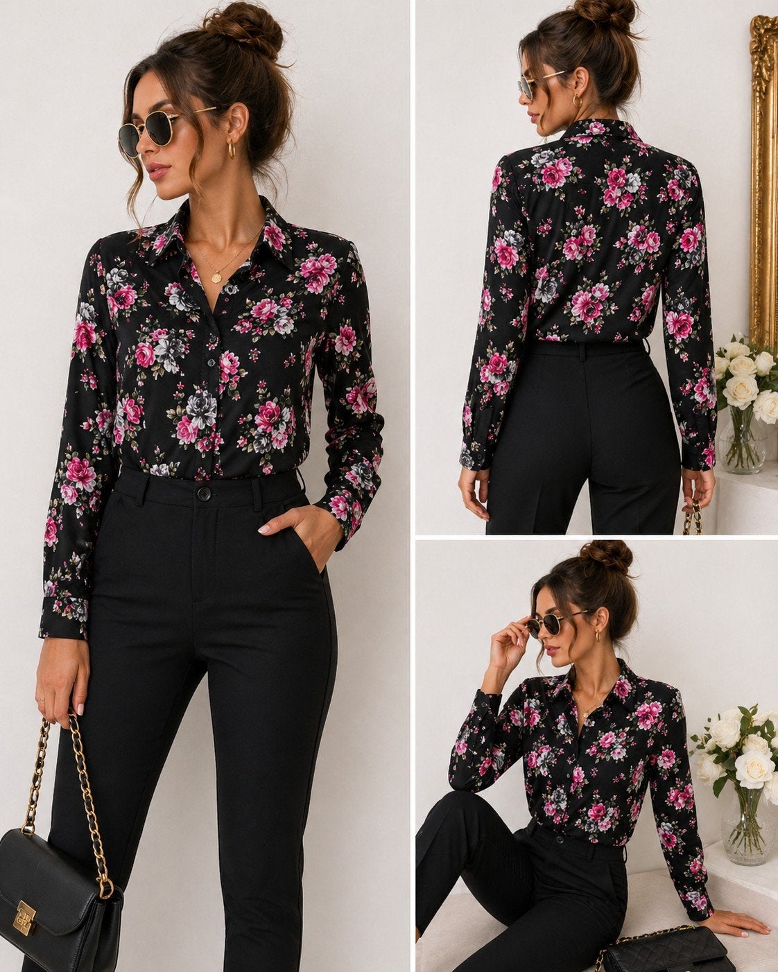 Zwarte blouse met bloemen en rozen H&M maat s, Kleding | Dames, H&M, Zwart, Onbekend, Ophalen of Verzenden