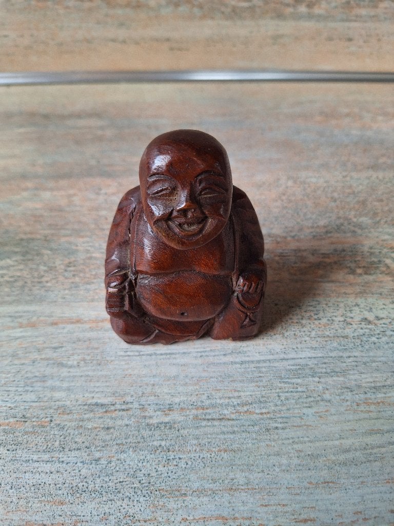 Vintage Handgesneden Houten Lachende Boeddha (10 cm), Huis en Inrichting, Ophalen, 10 cm, Hout, Bruin