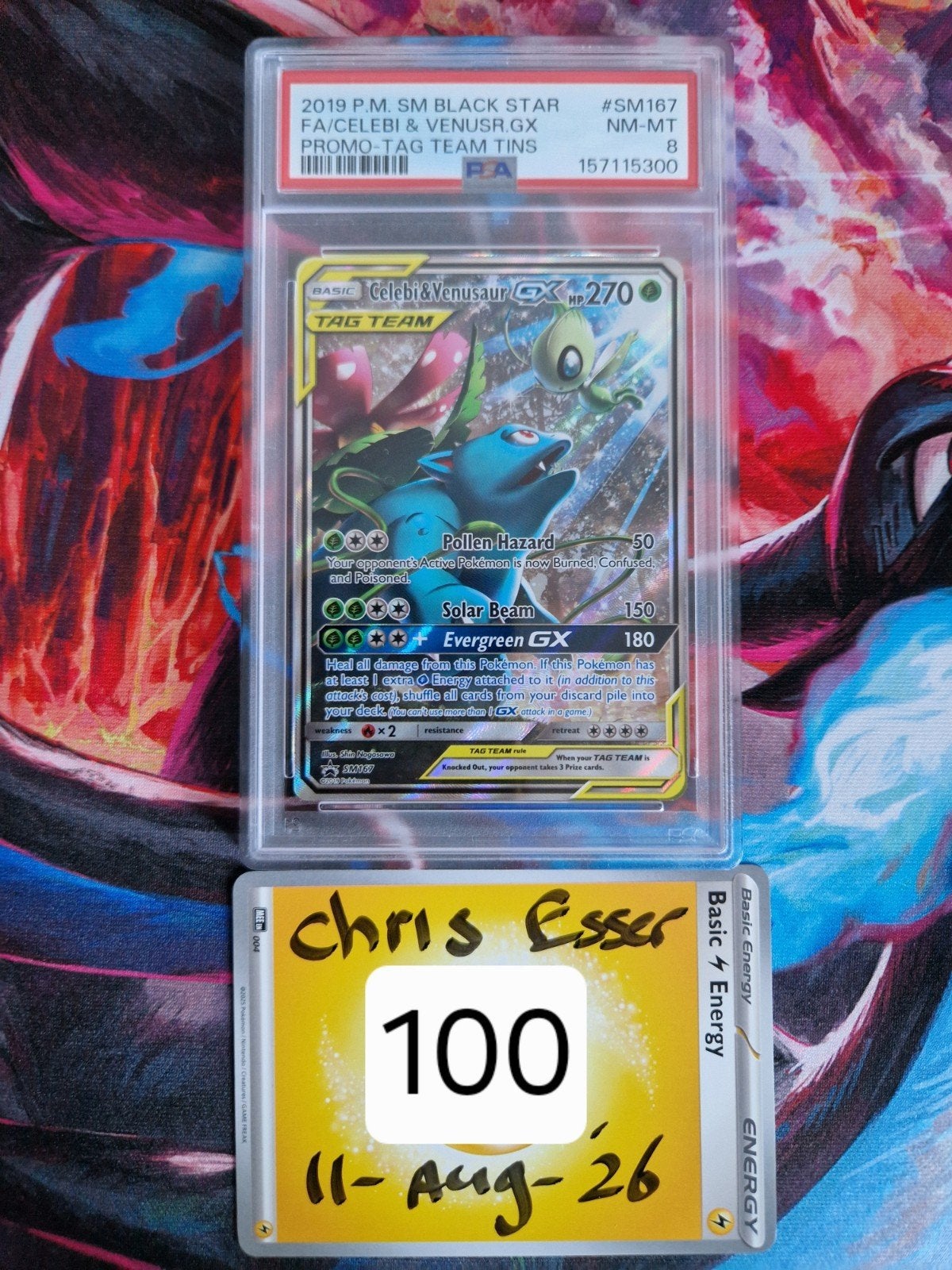 Pokémon Celebi & Venusaur GX PSA 8 NM-MT, Ophalen of Verzenden, Zo goed als nieuw, Losse kaart